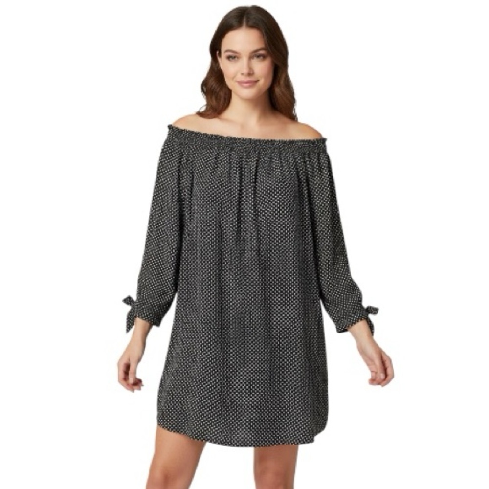 Express Polka Dot Off-Shoulder Tie Sleeve Mini Dress Tunic Black White M